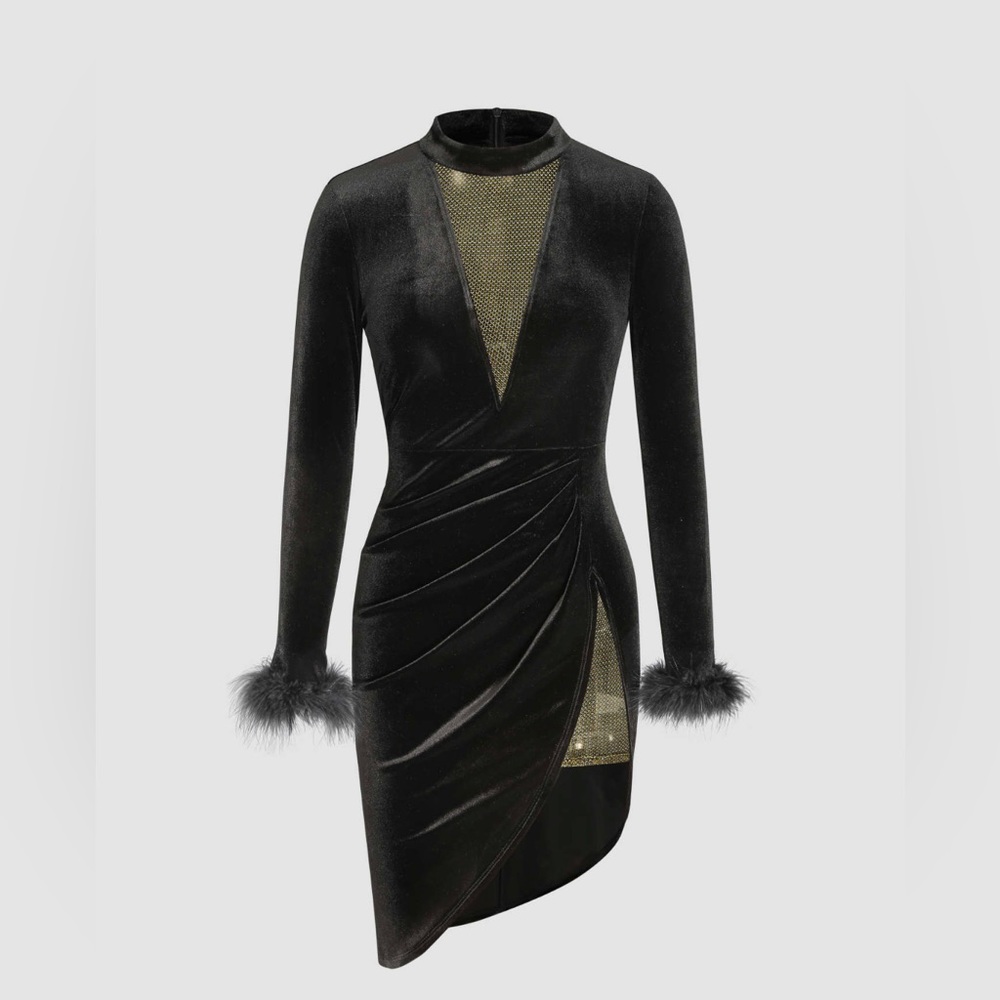 Velvet Faux Fur Trim Split Midi Dress
